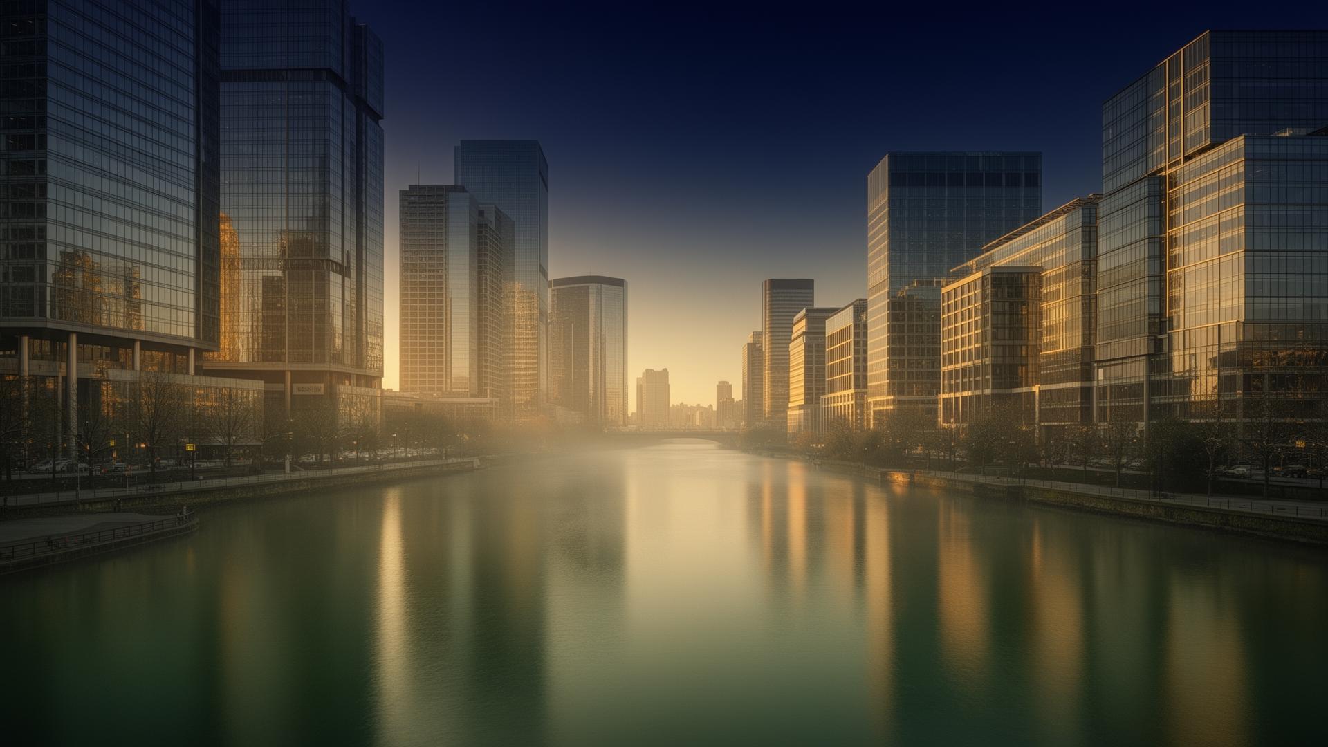 Calm river flowing past modern commercial office towers at golden hour