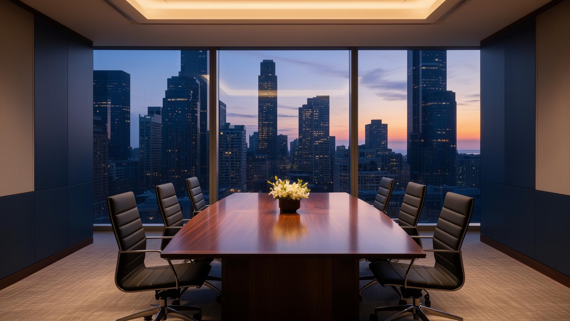 Modern lender boardroom with a financial-district skyline view at dusk